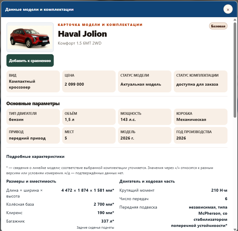 Карточка комплектации: основные сведения